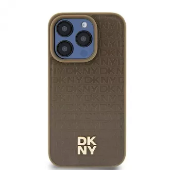 DKNY DKHMP14SPSHRPSW hardcase iPhone 14/15/13, ruskea nahkamalli metallilogo, MagSafe