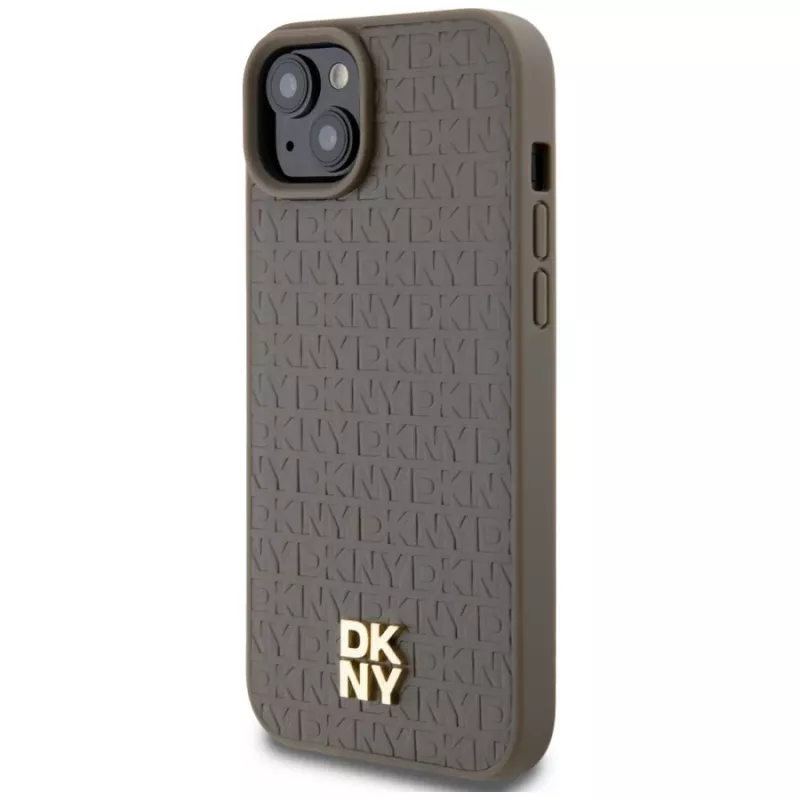 DKNY DKHMP15SPSHRPSW iPhone 15 / 14 / 13 6,1 inch hardcase ruskea nahkajäljitelmä metallilogo MagSafe