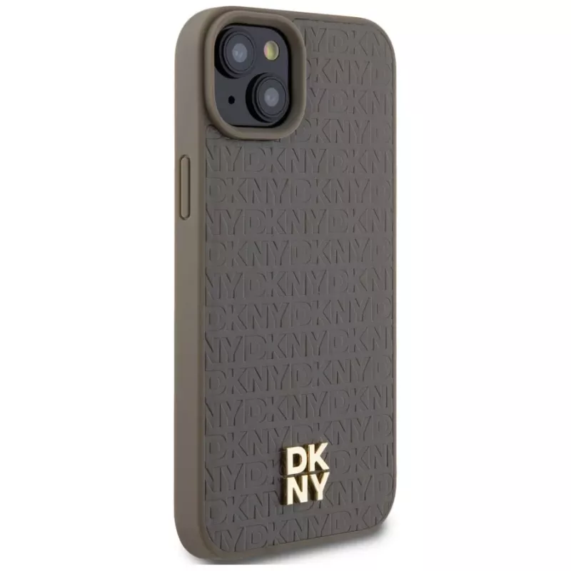 DKNY DKHMP15SPSHRPSW iPhone 15 / 14 / 13 6,1 inch hardcase ruskea nahkajäljitelmä metallilogo MagSafe