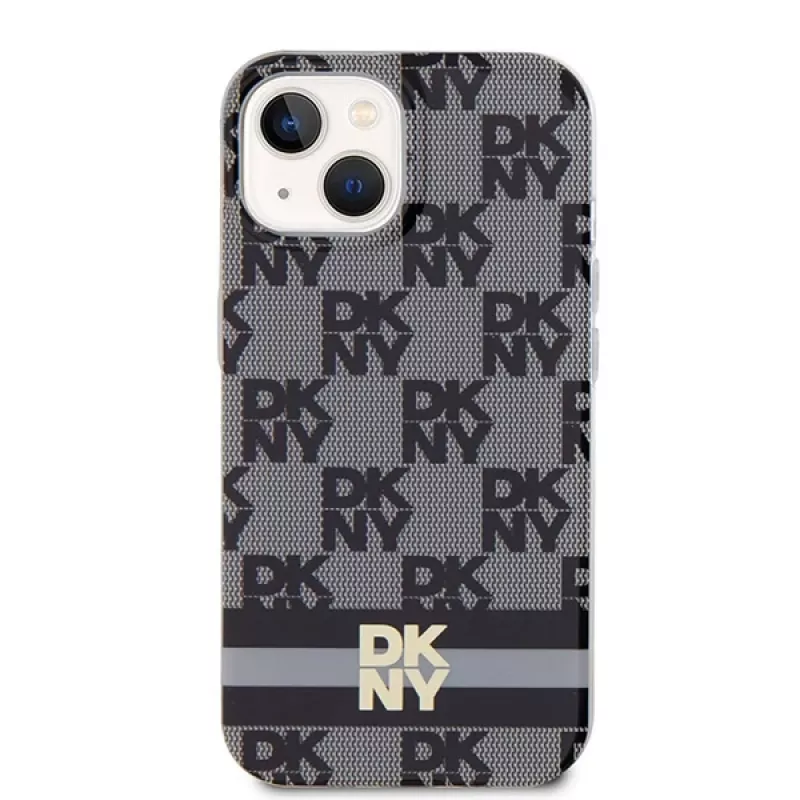 DKNY DKHMP14SHCPTSK Hard Case iPhone 14/15 -suojakotelo, ruudullinen monokuvio & painetut raidat, musta, MagSafe