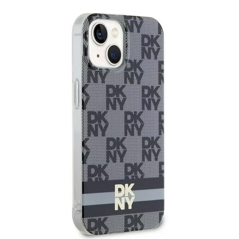 DKNY DKHMP14SHCPTSK Hard Case iPhone 14/15 -suojakotelo, ruudullinen monokuvio & painetut raidat, musta, MagSafe