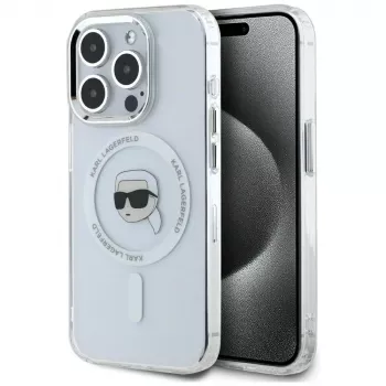 KARL LAGERFELD IML Metal Karl Head MagSafe -suojakotelo Apple iPhone 15 Pro Max -puhelimelle, valkoinen
