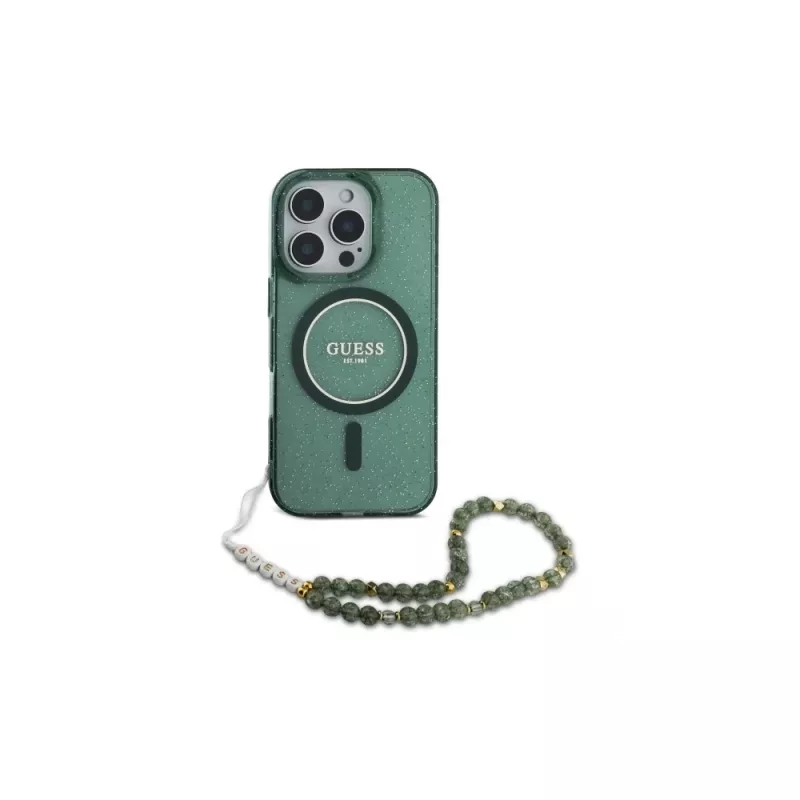 Guess IML Glitter With Pearl Strap MagSafe kuori iPhone 16 Pro Max (vihreä)