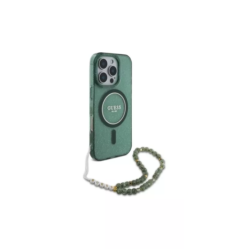 Guess IML Glitter With Pearl Strap MagSafe kuori iPhone 16 Pro Max (vihreä)