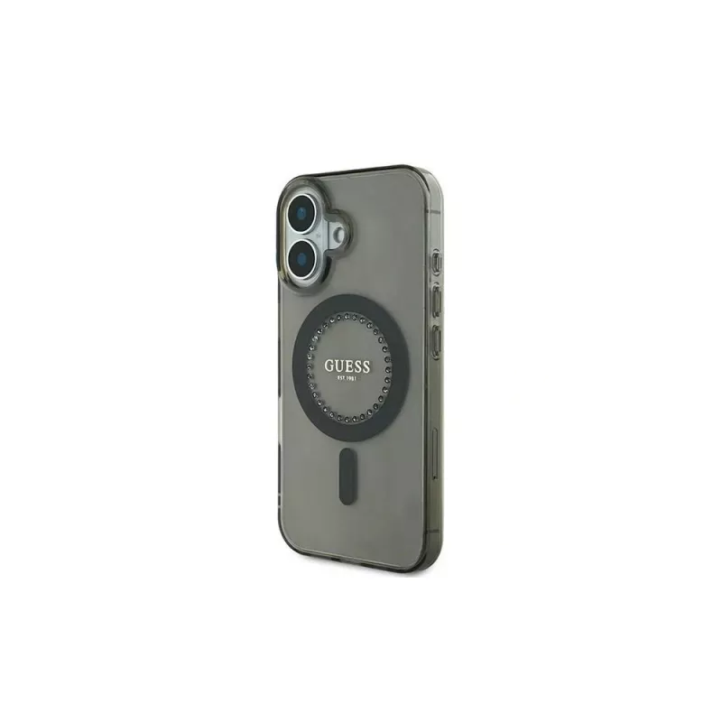 Guess IML Rhinestones MagSafe -kotelo iPhone 16 Plus (musta)