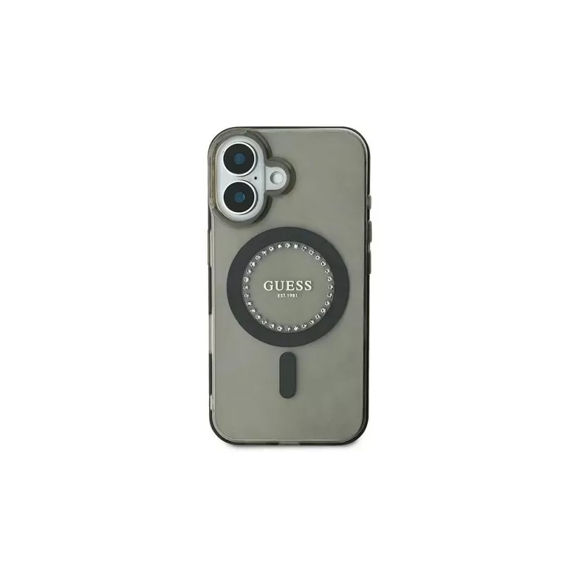 Guess IML Rhinestones MagSafe -kotelo iPhone 16 Plus (musta)