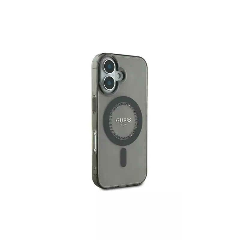 Guess IML Rhinestones MagSafe -kotelo iPhone 16 Plus (musta)
