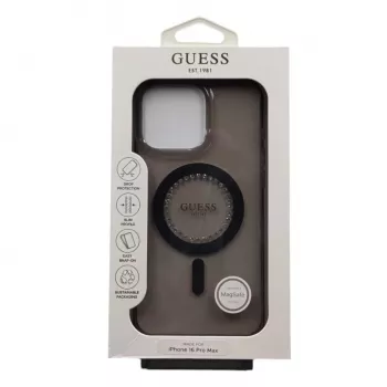 Guess IML Rhinestones MagSafe -kotelo iPhone 16 Pro Max (musta)
