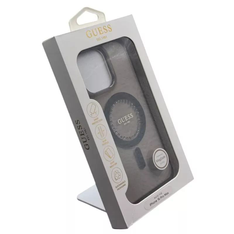 Guess IML Rhinestones MagSafe -kotelo iPhone 16 Pro Max (musta)