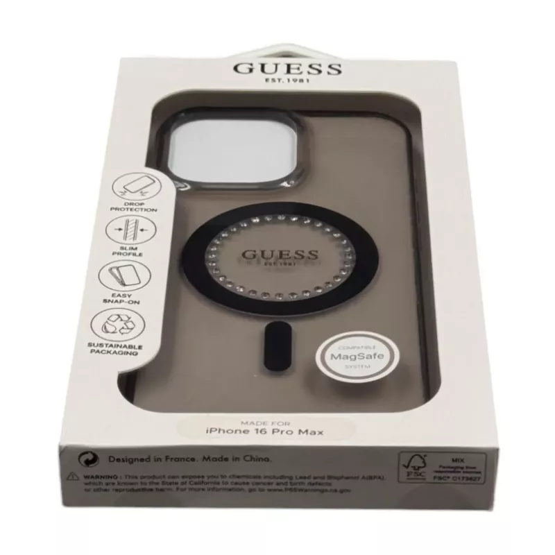 Guess IML Rhinestones MagSafe -kotelo iPhone 16 Pro Max (musta)
