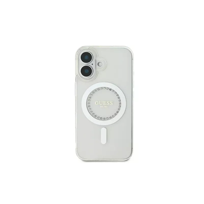 Guess GUHMP16SPFTDTEH Hardcase IML Rhinestones MagSafe Apple iPhone 16 6,1 inch valkoinen