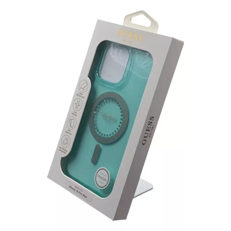 Guess IML Rhinestones MagSafe -kotelo iPhone 16 Pro Max (vihreä)