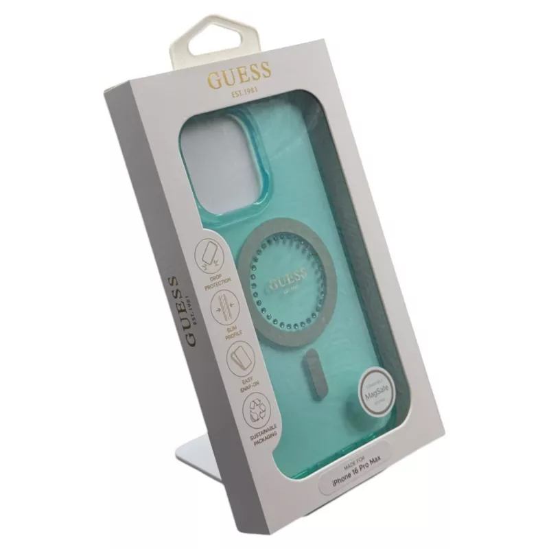 Guess IML Rhinestones MagSafe -kotelo iPhone 16 Pro Max (vihreä)