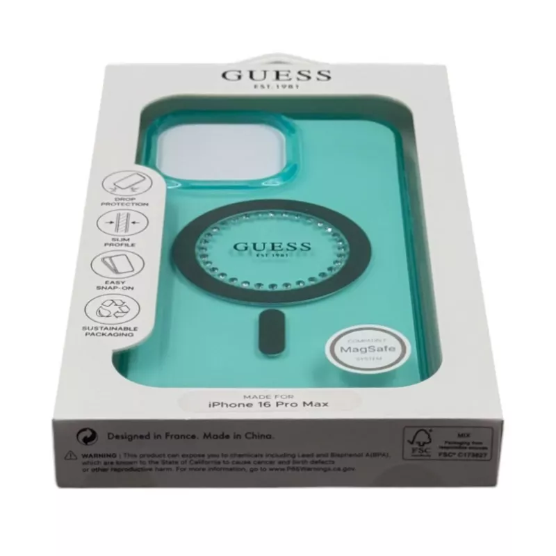 Guess IML Rhinestones MagSafe -kotelo iPhone 16 Pro Max (vihreä)