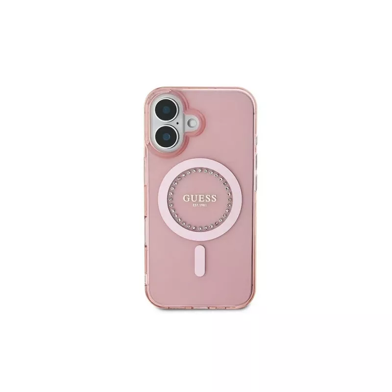 Guess IML Rhinestones MagSafe -kotelo iPhone 16 (pinkki)