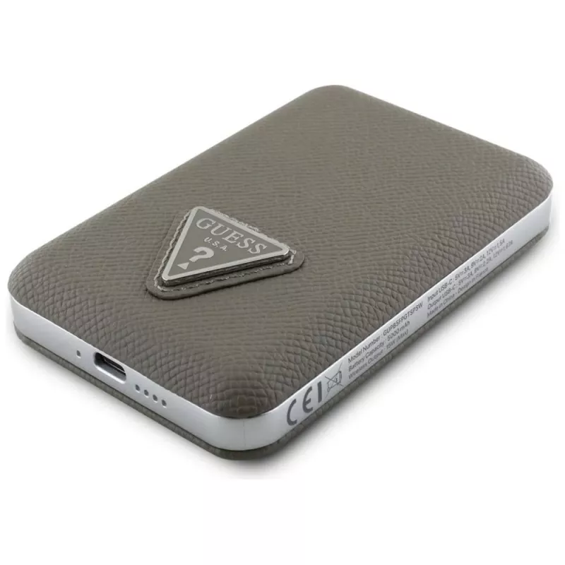 GUESS Grained Triangle Wireless Power Bank 5000mAh 15W USB-C MagSafe ruskea