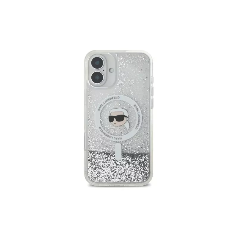 Karl Lagerfeld Liquid Glitter Karl Head MagSafe kova kuori iPhone 16 Plus, läpinäkyvä