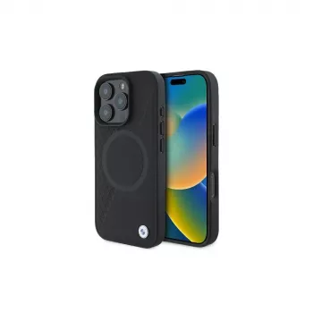 BMW BMHMP16L23RTPK iPhone 16 Pro 6,3 musta kova kotelo Sign Leather Half Textured And Circle MagSafe
