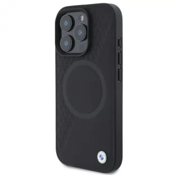 BMW Sign Leather Half Textured -kova kotelo Circle MagSafe -toiminnolla Apple iPhone 16 Pro Max 6,9 inch musta