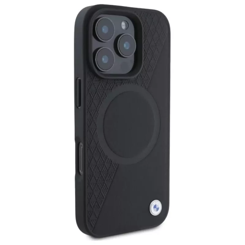 BMW Sign Leather Half Textured -kova kotelo Circle MagSafe -toiminnolla Apple iPhone 16 Pro Max 6,9