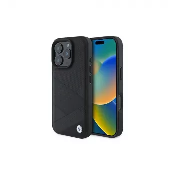 BMW Sign Leather Crossing Lines Pattern -kova kotelo Apple iPhone 16 Pro 6,3