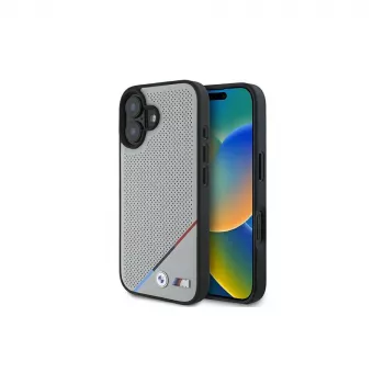 BMW M Perforated Tricolor Line MagSafe -kova kotelo Apple iPhone 16 6,1 inch - harmaa