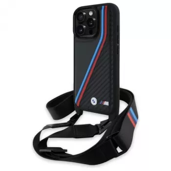 BMW M Edition Carbon Tricolor Lines & Strap -kova kotelo iPhone 16 Pro 6,3 musta