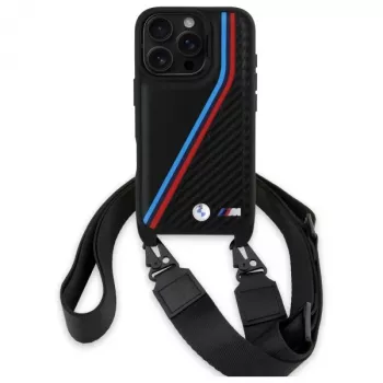 BMW M Edition Carbon Tricolor Lines & Strap -kova kotelo iPhone 16 Pro 6,3 musta