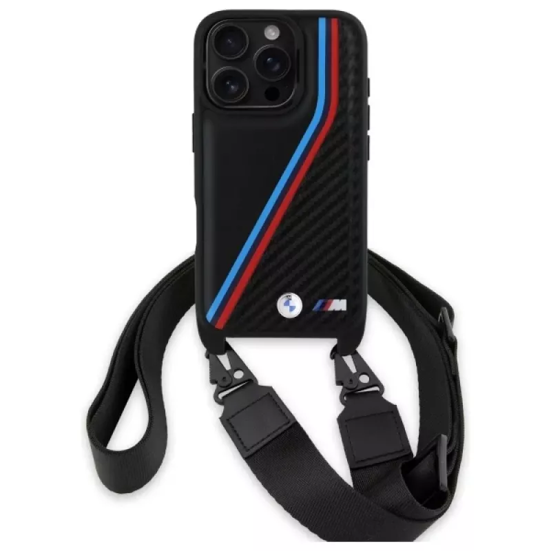 BMW BMHCP16X23PSVTK iPhone 16 Pro Max 6,9 inch musta kova kotelo M Edition Carbon Tricolor Lines & Strap