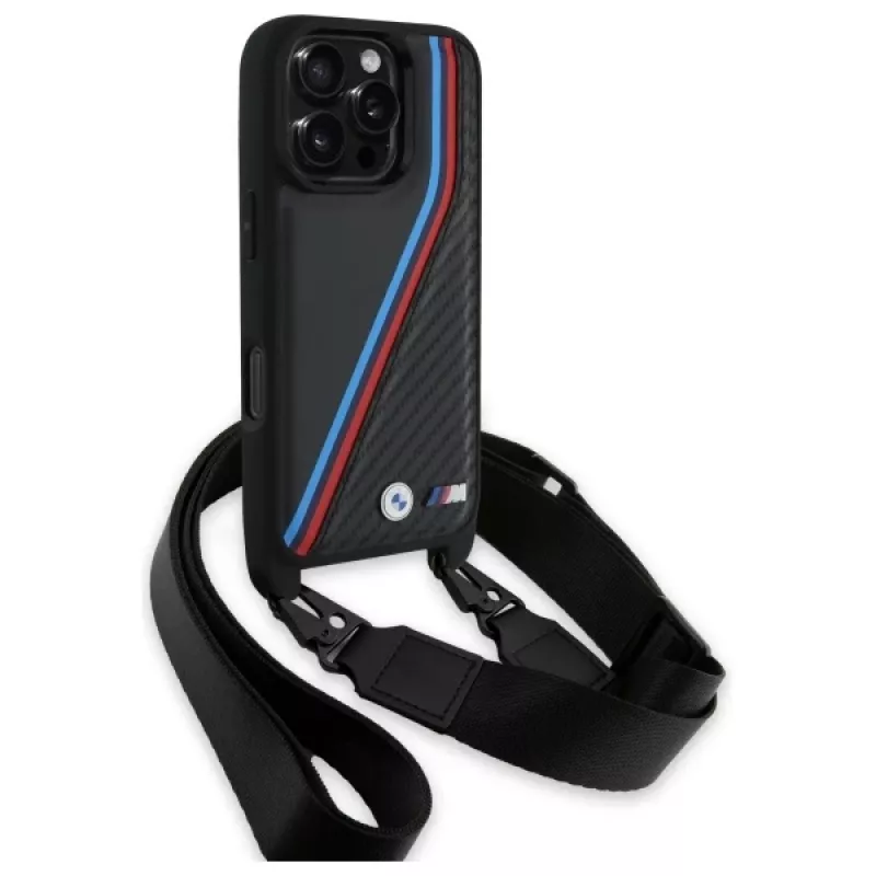 BMW BMHCP16X23PSVTK iPhone 16 Pro Max 6,9 inch musta kova kotelo M Edition Carbon Tricolor Lines & Strap