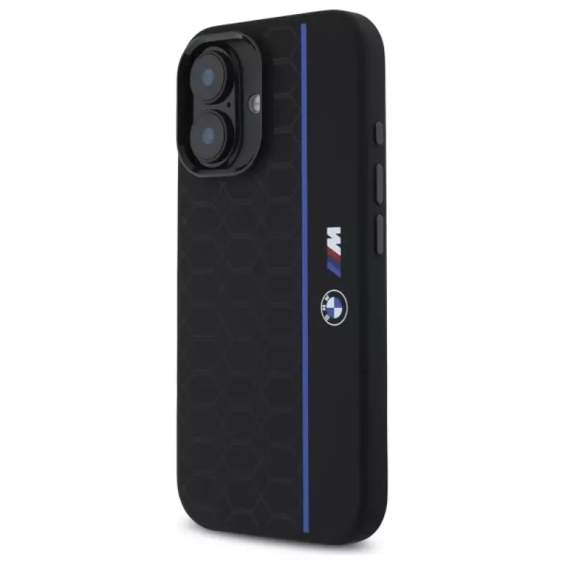 BMW BMHMP16S23SHEB iPhone 16 6,1 inch musta silikoninen kova kotelo Hexagon Blue Line MagSafe