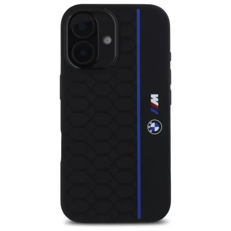 BMW BMHMP16S23SHEB iPhone 16 6,1 inch musta silikoninen kova kotelo Hexagon Blue Line MagSafe