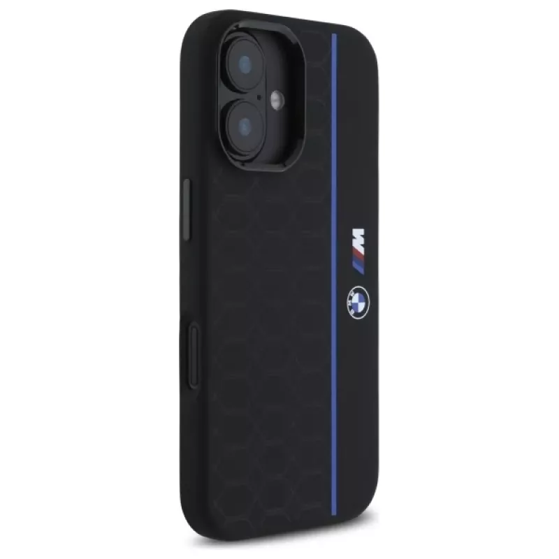 BMW BMHMP16S23SHEB iPhone 16 6,1 inch musta silikoninen kova kotelo Hexagon Blue Line MagSafe