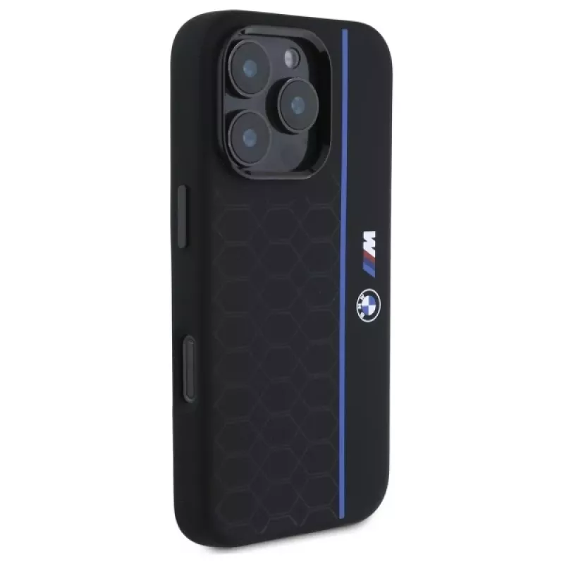 BMW BMHMP16L23SHEB iPhone 16 Pro Hard Case silikoni Hexagon Blue Line MagSafe musta