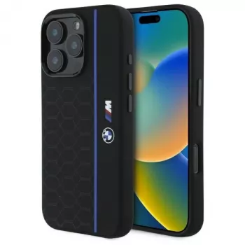 BMW BMHMP16X23SHEB kova kotelo silikoni Hexagon Blue Line MagSafe iPhone 16 Pro Max 6,9 musta
