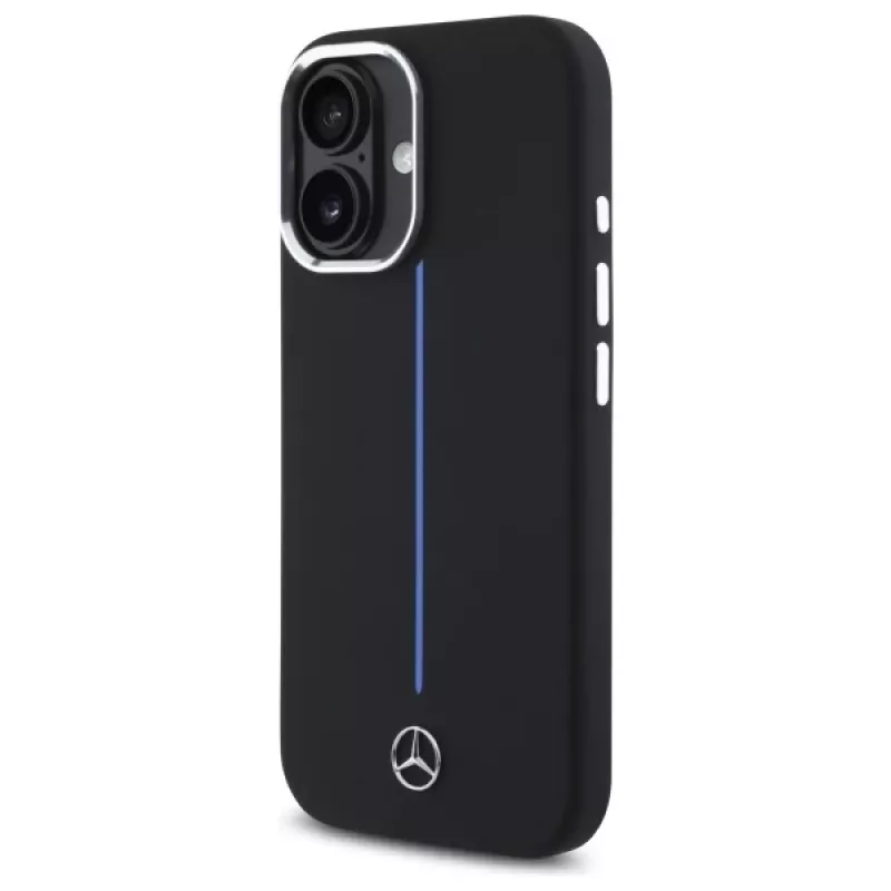 Mercedes-Benz MEHMP16S23SUMBK iPhone 16 6,1 inch musta silikoninen kova kotelo sinisellä raidalla MagSafe