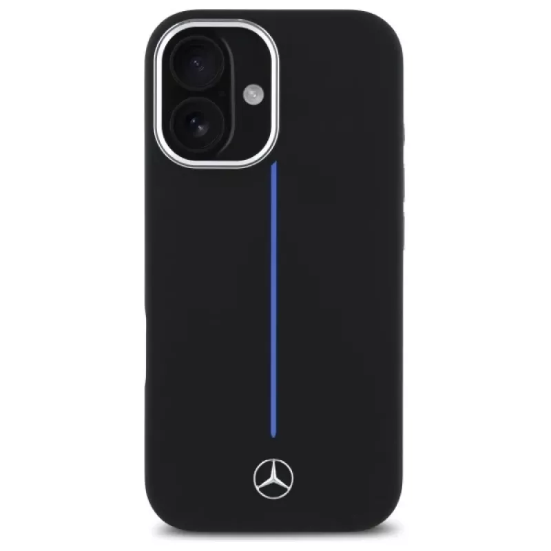Mercedes-Benz MEHMP16S23SUMBK iPhone 16 6,1 inch musta silikoninen kova kotelo sinisellä raidalla MagSafe