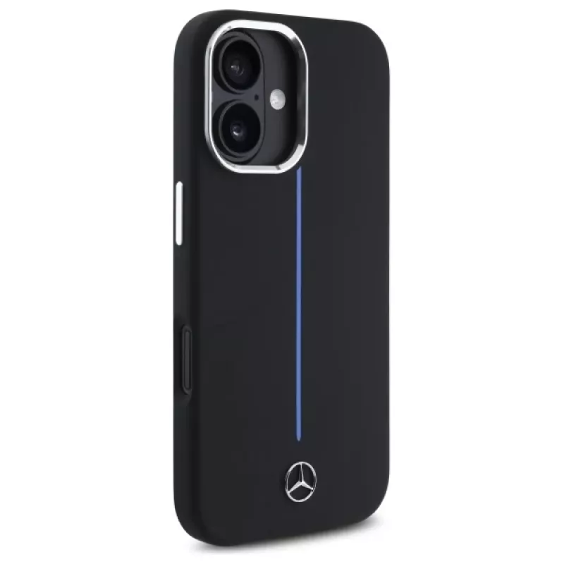 Mercedes-Benz MEHMP16S23SUMBK iPhone 16 6,1 inch musta silikoninen kova kotelo sinisellä raidalla MagSafe