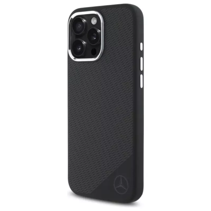 Mercedes-Benz iPhone 16 Pro 6,3 inch silikoninen kova kotelo tonal-logolla ja puukuviolla, MagSafe - musta