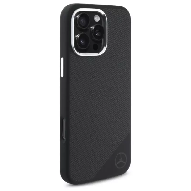 Mercedes-Benz iPhone 16 Pro 6,3 inch silikoninen kova kotelo tonal-logolla ja puukuviolla, MagSafe - musta