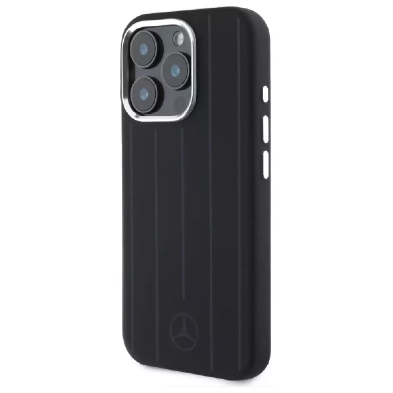 Mercedes-Benz iPhone 16 Pro Max 6,9 inch silikoninen kova kotelo pystysuorilla tonal-raidoilla ja MagSafe - musta