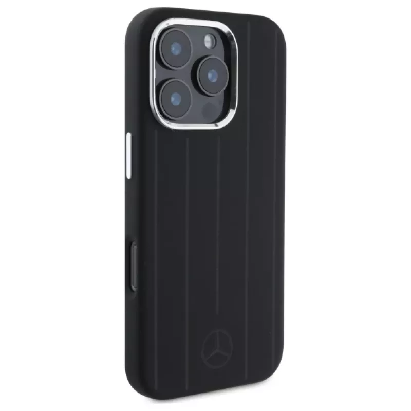 Mercedes-Benz iPhone 16 Pro Max 6,9 inch silikoninen kova kotelo pystysuorilla tonal-raidoilla ja MagSafe - musta