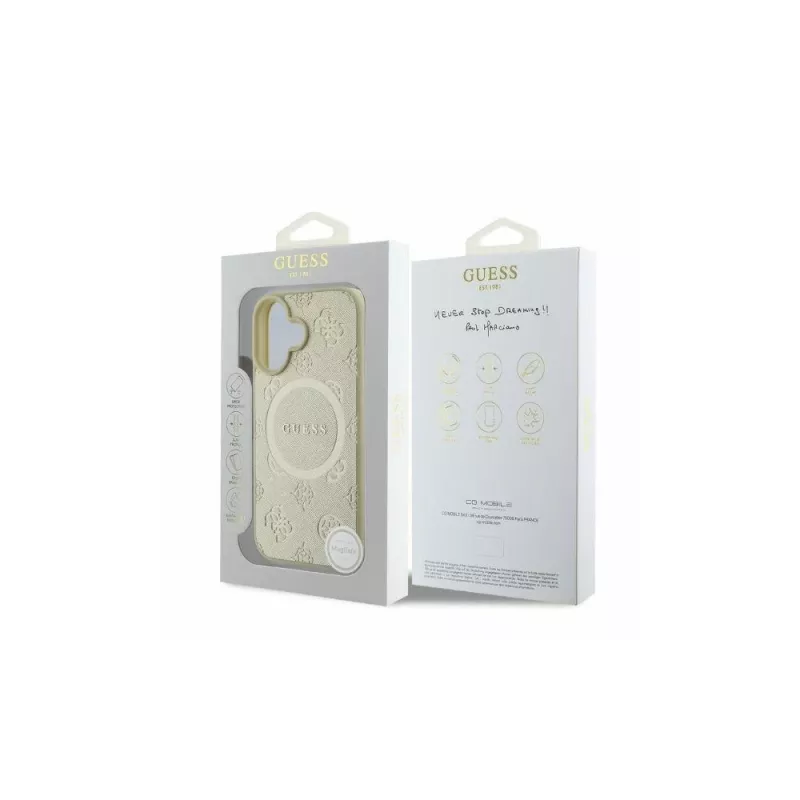 Guess Saffiano Peony Classic Logo MagSafe kotelo iPhone 16 (kulta)