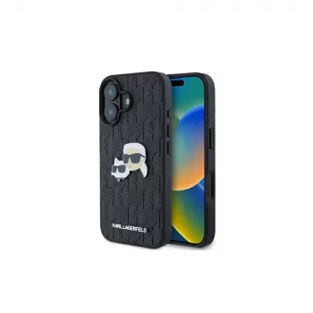 Karl Lagerfeld Monogram Karl & Choupette Head Pin -kotelo iPhone 16 -puhelimelle (musta)