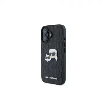 Karl Lagerfeld Monogram Karl & Choupette Head Pin -kotelo iPhone 16 -puhelimelle (musta)