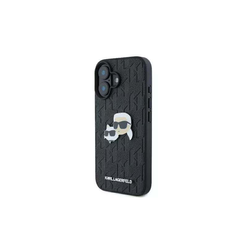 Karl Lagerfeld Monogram Karl & Choupette Head Pin -kotelo iPhone 16 -puhelimelle (musta)