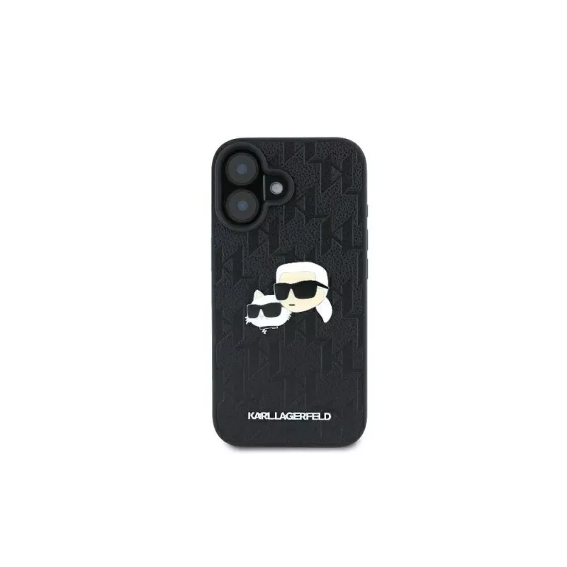 Karl Lagerfeld Monogram Karl & Choupette Head Pin -kotelo iPhone 16 -puhelimelle (musta)
