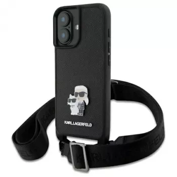 Karl Lagerfeld Saffiano Karl & Choupette Metal Pin CBDY Strap kova kotelo iPhone 16 6.1 -puhelimelle, musta