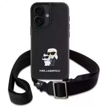 Karl Lagerfeld Saffiano Karl & Choupette Metal Pin CBDY Strap kova kotelo iPhone 16 6.1 -puhelimelle, musta