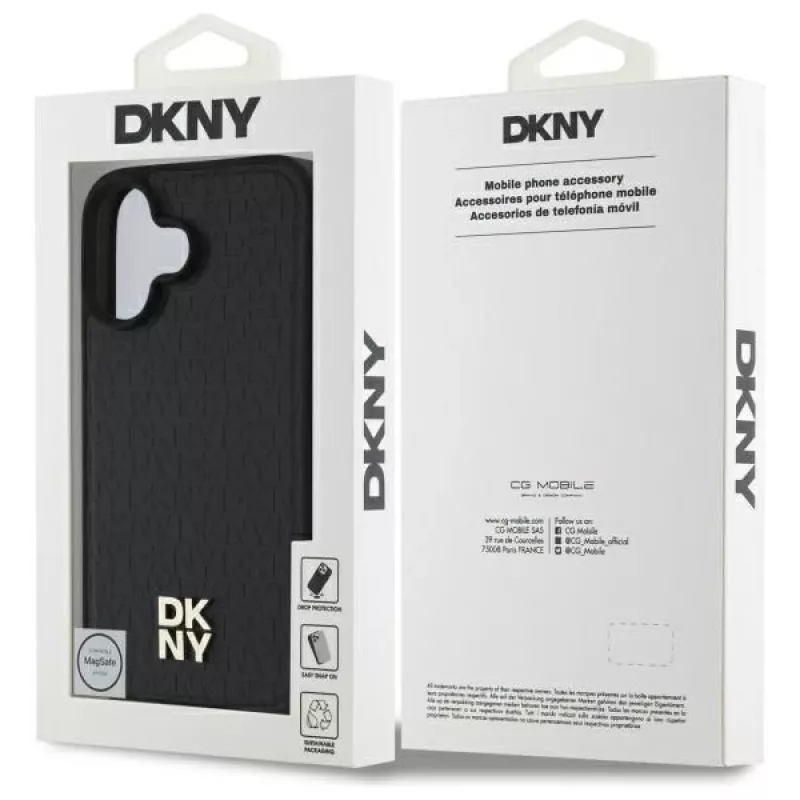 DKNY DKHMP16SPSHRPSK iPhone 16 6.1 kova kotelo musta toistuva kuvio Stack Logo MagSafe